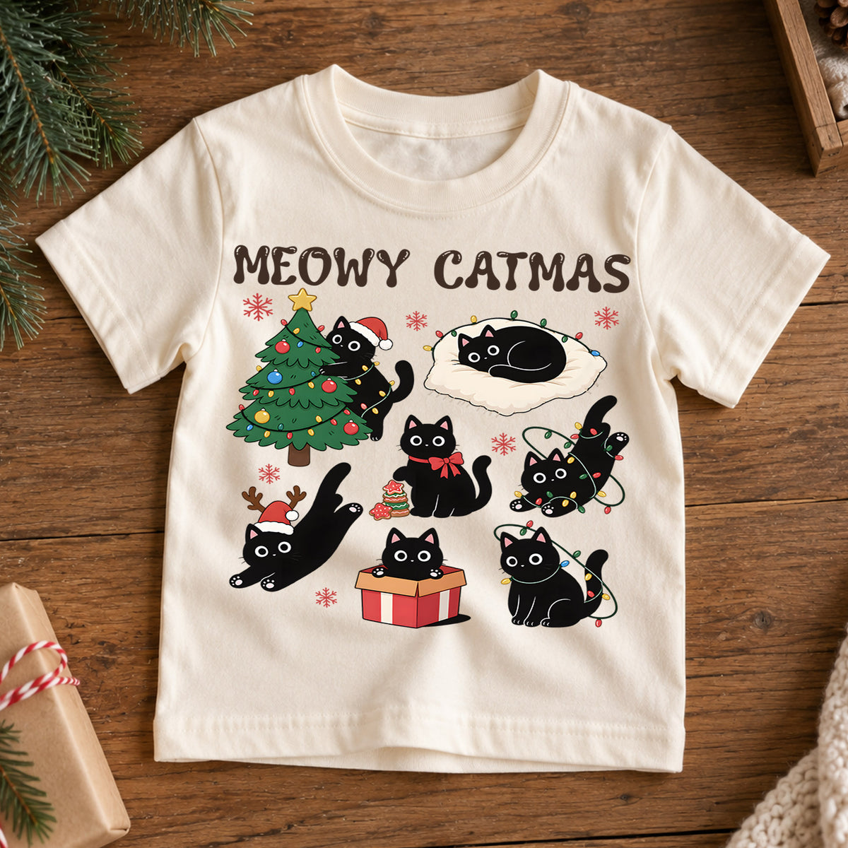 Meowy Catmas Black Cat Kids Shirt, Funny Christmas Cat Tee, Holiday Kitty T Shirt, Cute Xmas Gift for Cat Lovers — product view 7
