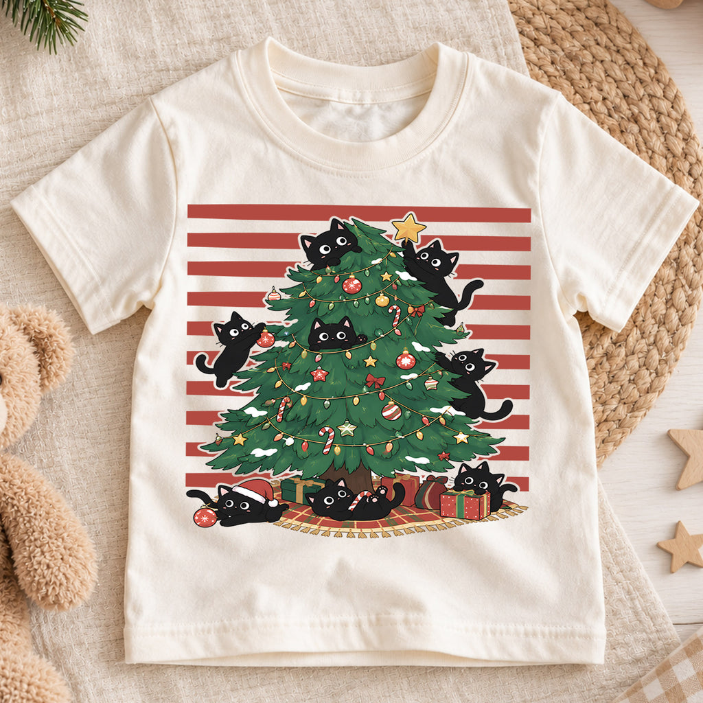 Black Cats Christmas Tree Kids Shirt, Funny Cat Christmas Tee, Cats in Christmas Tree T Shirt, Holiday Cat Lover Gift — product view 1