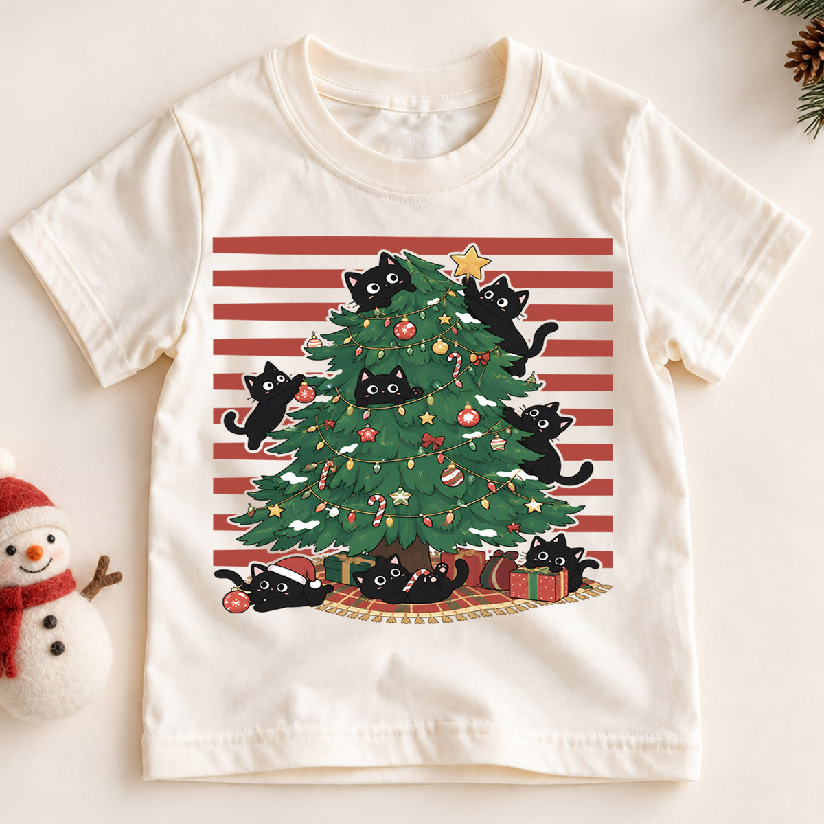 Black Cats Christmas Tree Kids Shirt, Funny Cat Christmas Tee, Cats in Christmas Tree T Shirt, Holiday Cat Lover Gift — product view 2