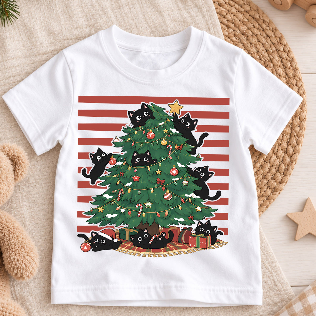 Black Cats Christmas Tree Kids Shirt, Funny Cat Christmas Tee, Cats in Christmas Tree T Shirt, Holiday Cat Lover Gift — product view 3