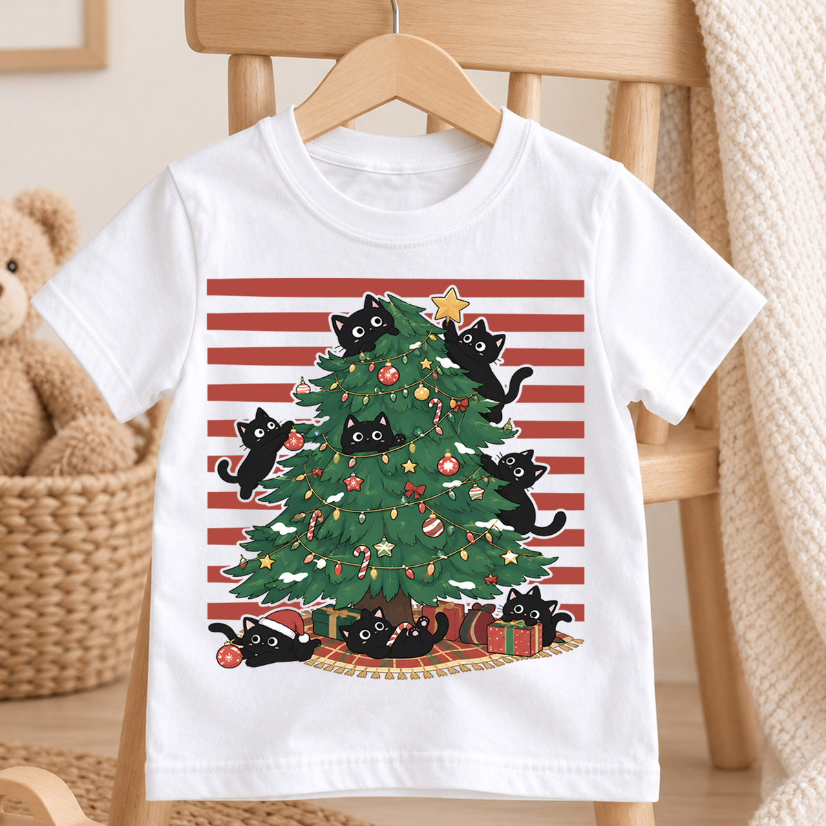 Black Cats Christmas Tree Kids Shirt, Funny Cat Christmas Tee, Cats in Christmas Tree T Shirt, Holiday Cat Lover Gift — product view 4