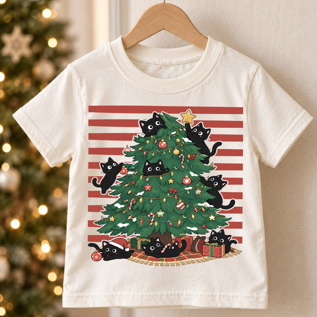 Black Cats Christmas Tree Kids Shirt, Funny Cat Christmas Tee, Cats in Christmas Tree T Shirt, Holiday Cat Lover Gift — product view 5