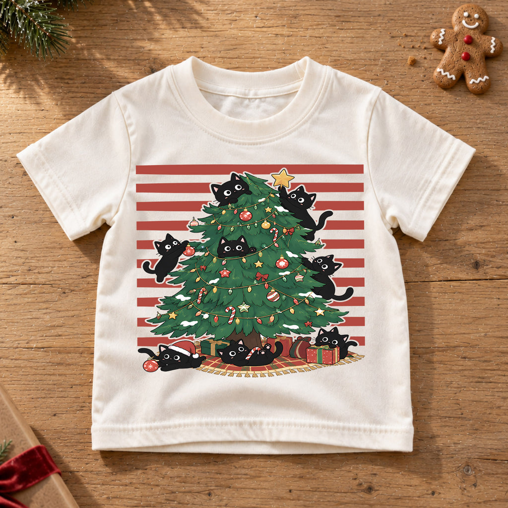 Black Cats Christmas Tree Kids Shirt, Funny Cat Christmas Tee, Cats in Christmas Tree T Shirt, Holiday Cat Lover Gift — product view 6