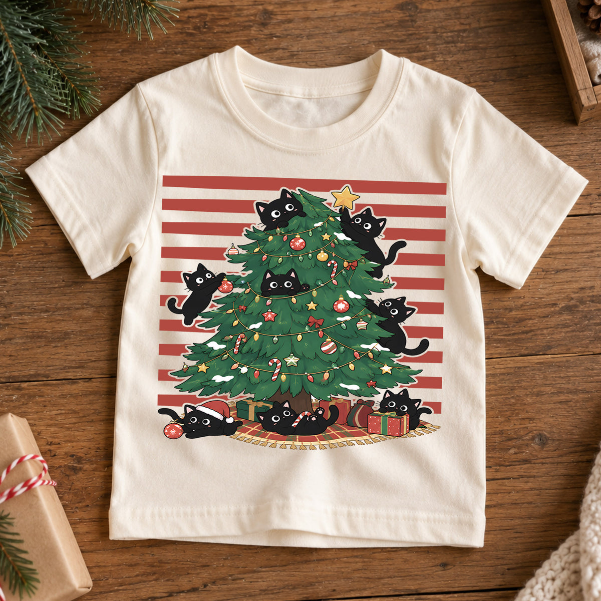 Black Cats Christmas Tree Kids Shirt, Funny Cat Christmas Tee, Cats in Christmas Tree T Shirt, Holiday Cat Lover Gift — product view 7