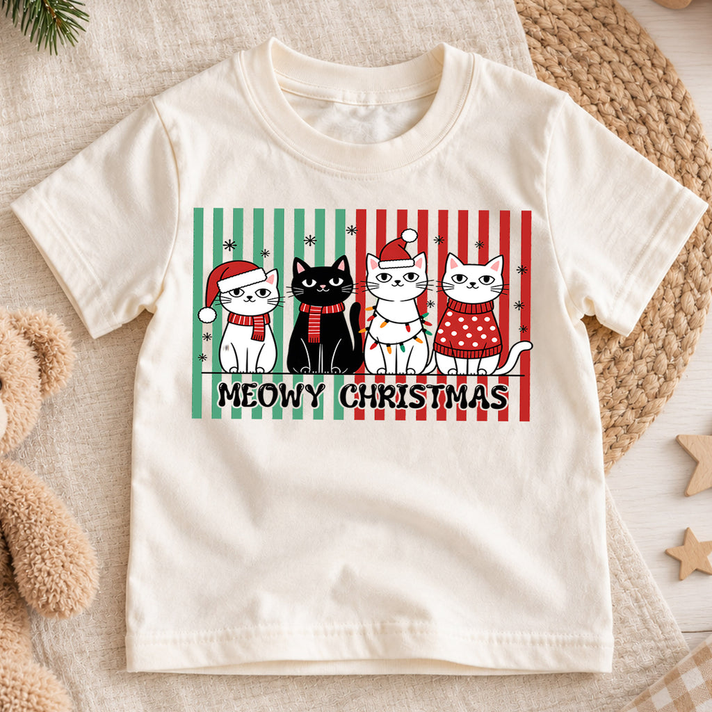 Meowy Christmas Kids Shirt, Christmas Cats Tee, Cute Holiday Cat Family T Shirt, Funny Cat Lover Xmas Gift — product view 1