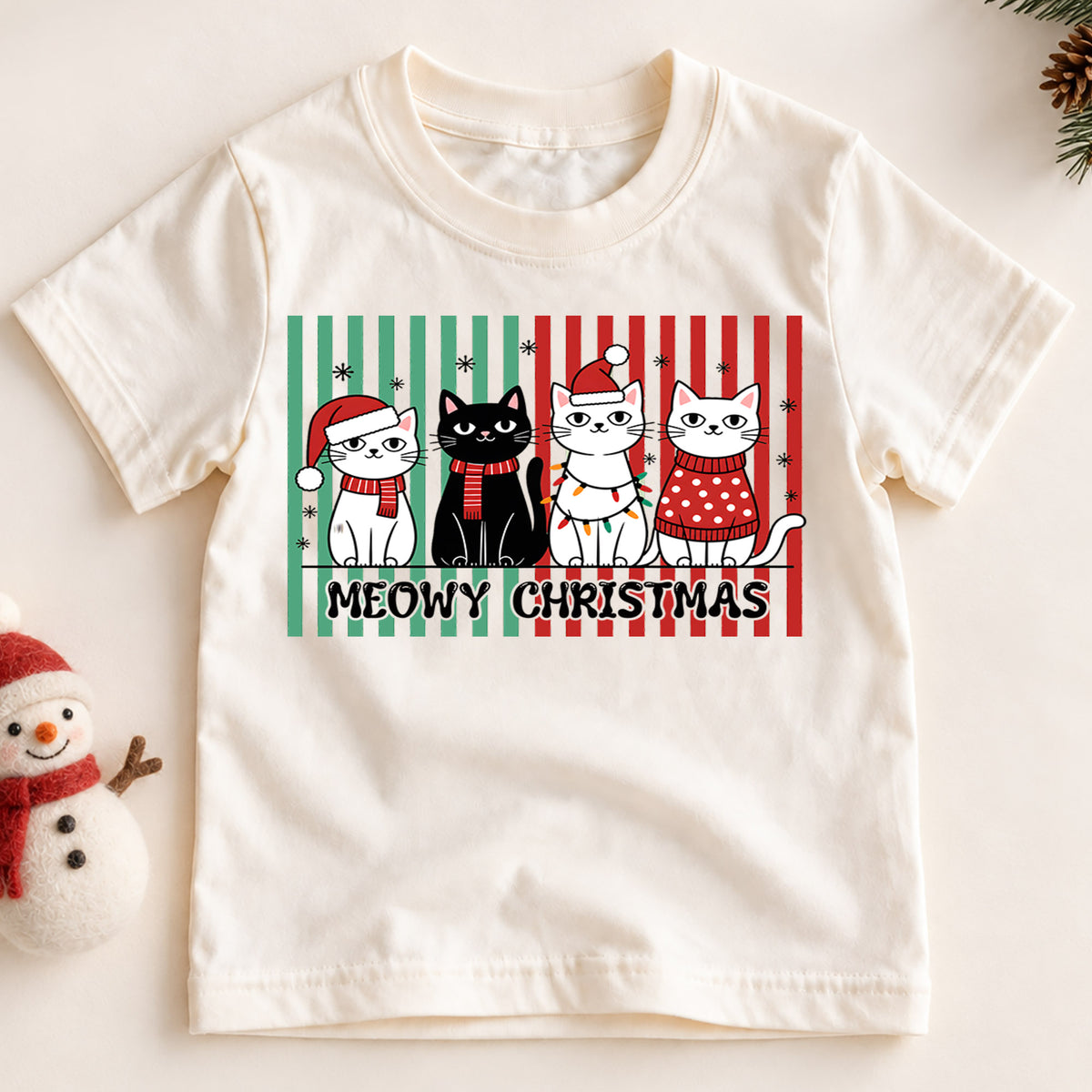 Meowy Christmas Kids Shirt, Christmas Cats Tee, Cute Holiday Cat Family T Shirt, Funny Cat Lover Xmas Gift — product view 2