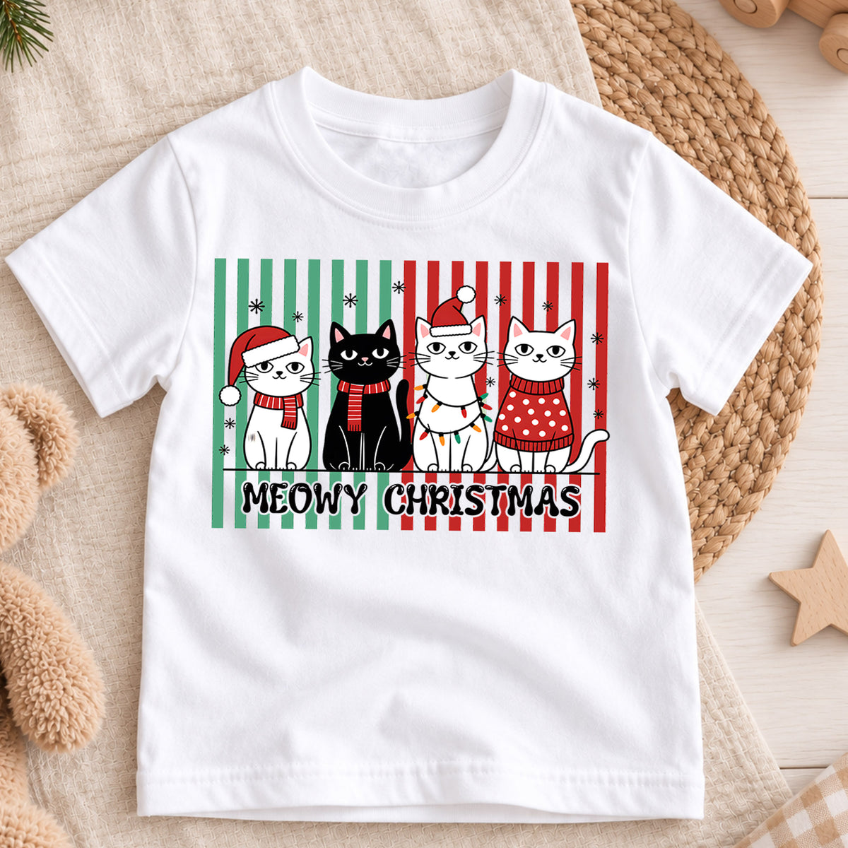Meowy Christmas Kids Shirt, Christmas Cats Tee, Cute Holiday Cat Family T Shirt, Funny Cat Lover Xmas Gift — product view 3