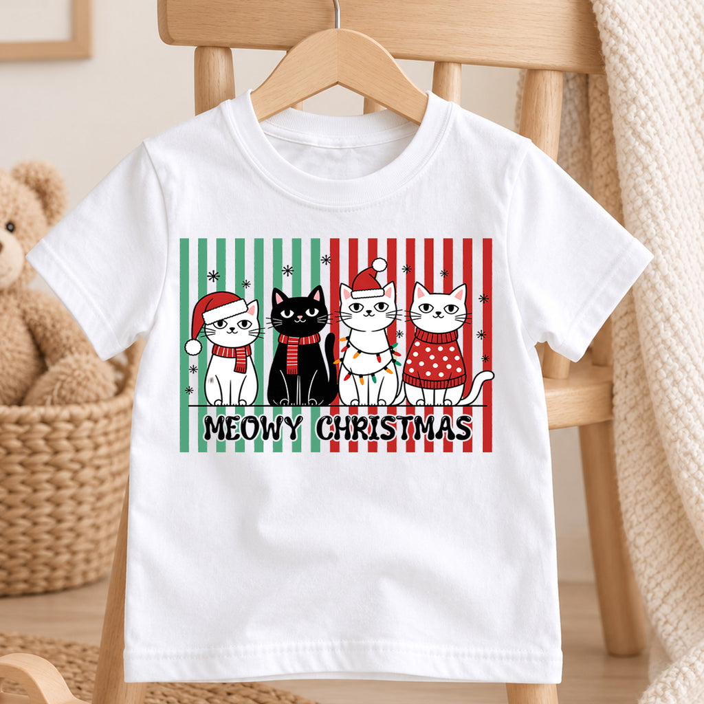 Meowy Christmas Kids Shirt, Christmas Cats Tee, Cute Holiday Cat Family T Shirt, Funny Cat Lover Xmas Gift — product view 4