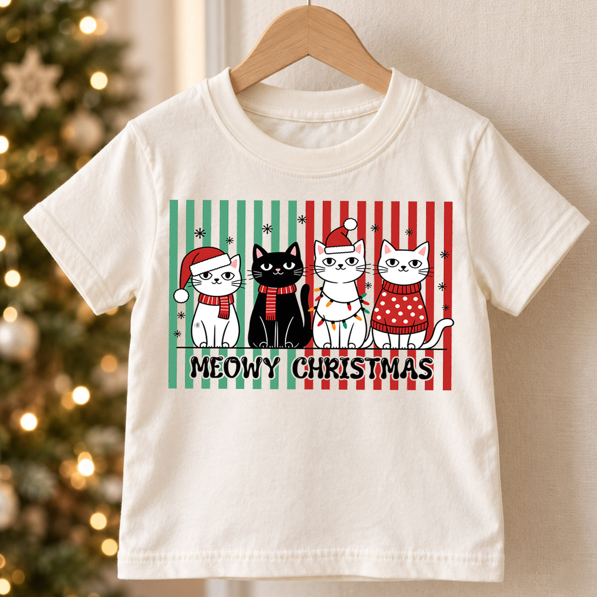 Meowy Christmas Kids Shirt, Christmas Cats Tee, Cute Holiday Cat Family T Shirt, Funny Cat Lover Xmas Gift — product view 5