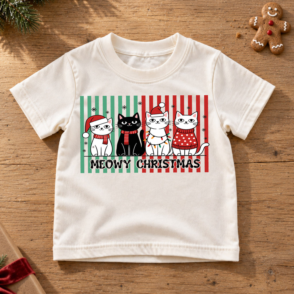 Meowy Christmas Kids Shirt, Christmas Cats Tee, Cute Holiday Cat Family T Shirt, Funny Cat Lover Xmas Gift — product view 6