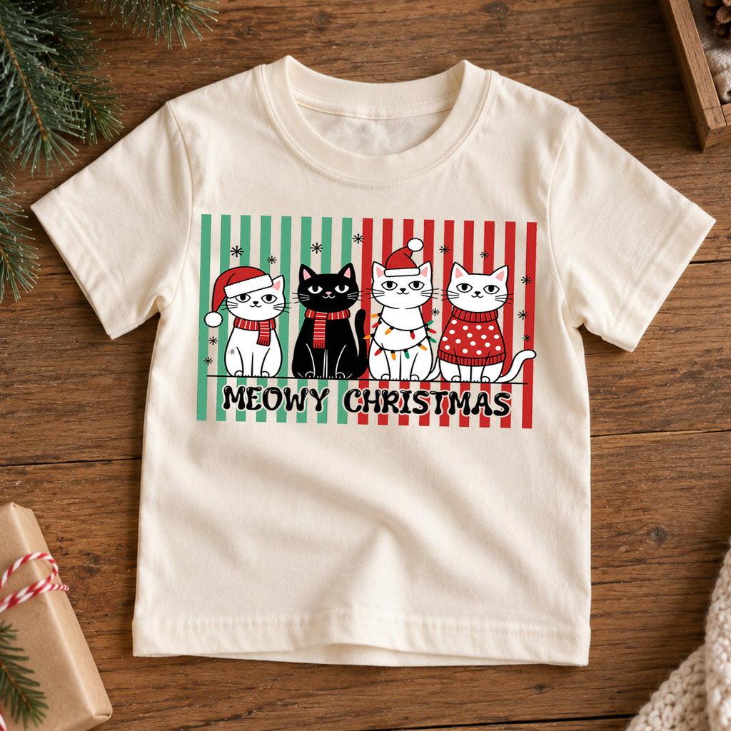 Meowy Christmas Kids Shirt, Christmas Cats Tee, Cute Holiday Cat Family T Shirt, Funny Cat Lover Xmas Gift — product view 7