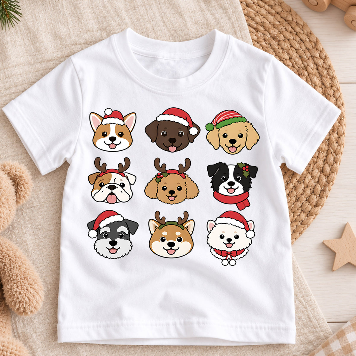 Christmas Dogs Kids Shirt, Cute Holiday Puppy Tee, Santa Hat Dog Christmas T Shirt, Xmas Gift for Dog Lovers — product view 3