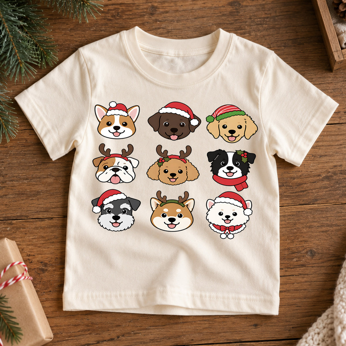 Christmas Dogs Kids Shirt, Cute Holiday Puppy Tee, Santa Hat Dog Christmas T Shirt, Xmas Gift for Dog Lovers — product view 7