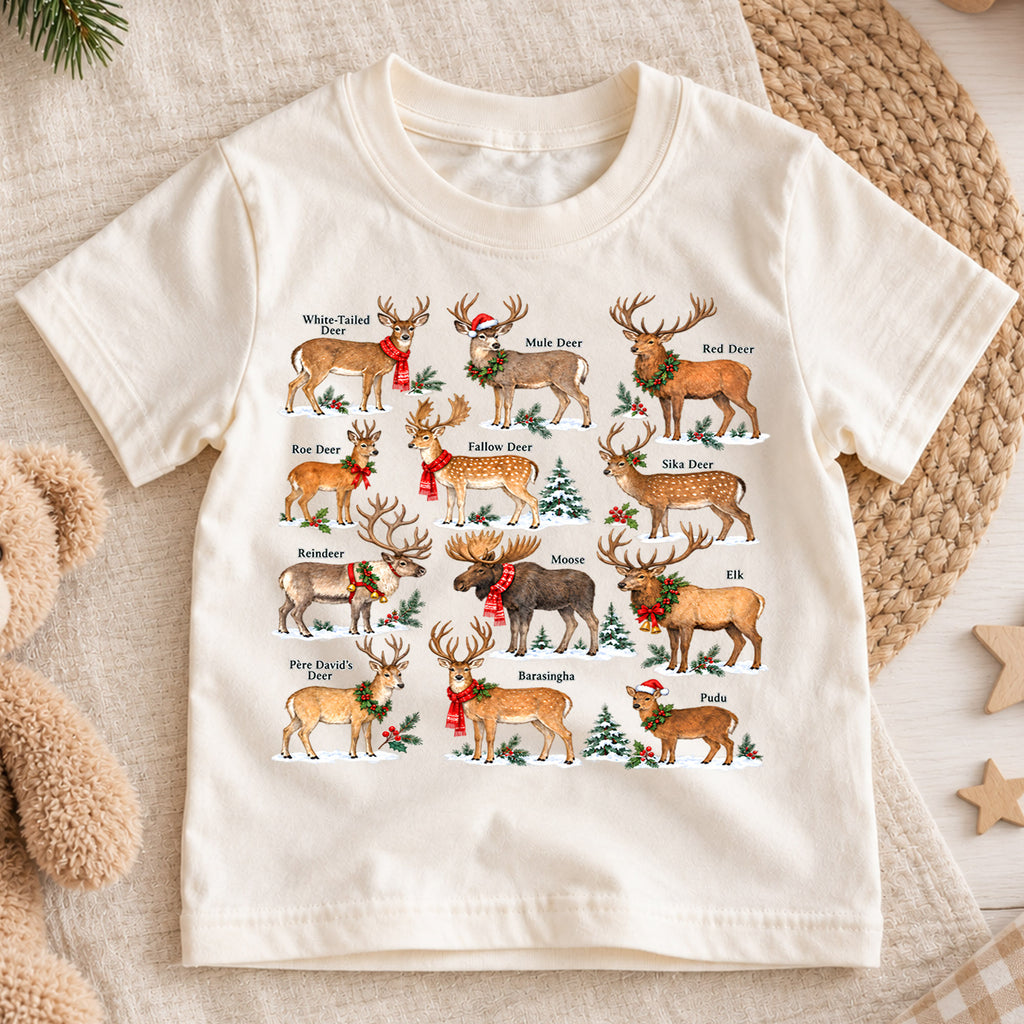 Christmas Deer Species Kids Shirt, Reindeer Wildlife Tee, Deer Identification Holiday T Shirt, Nature Lover Christmas Gift — product view 1