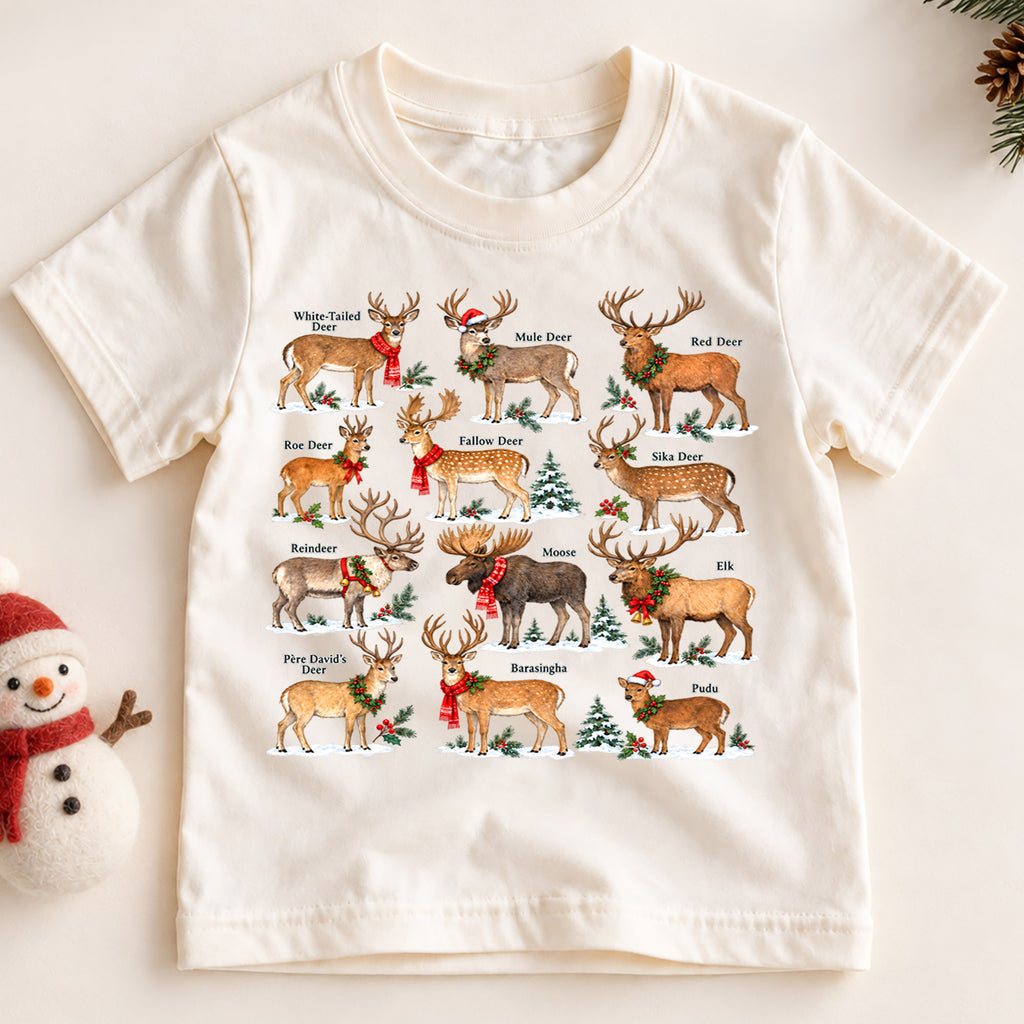 Christmas Deer Species Kids Shirt, Reindeer Wildlife Tee, Deer Identification Holiday T Shirt, Nature Lover Christmas Gift — product view 2