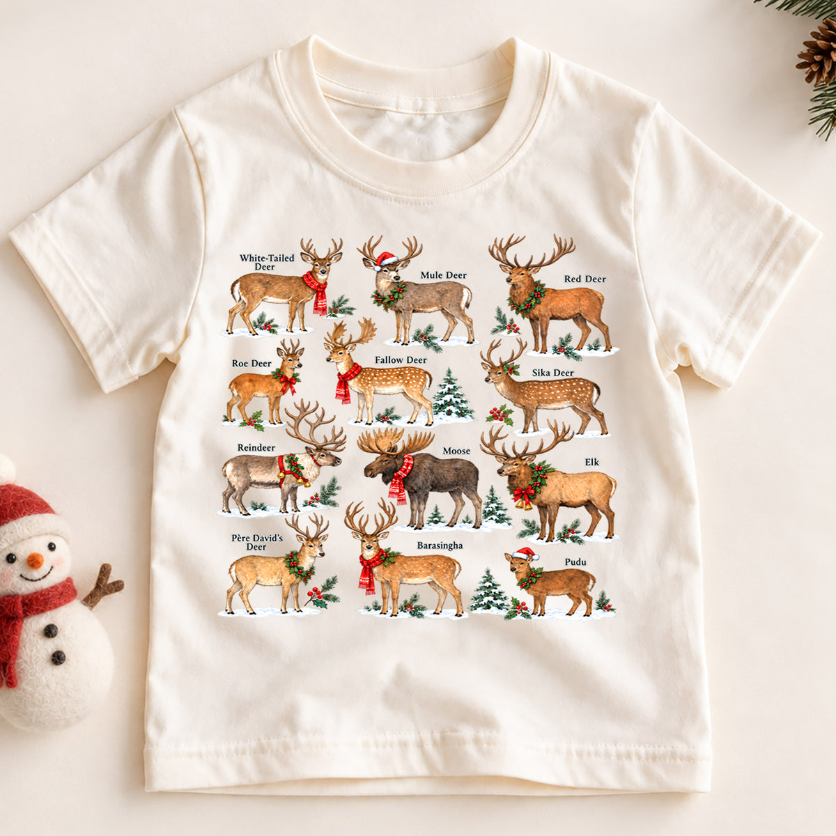 Christmas Deer Species Kids Shirt, Reindeer Wildlife Tee, Deer Identification Holiday T Shirt, Nature Lover Christmas Gift — product view 2