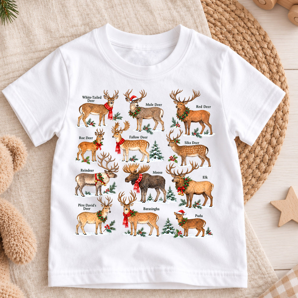 Christmas Deer Species Kids Shirt, Reindeer Wildlife Tee, Deer Identification Holiday T Shirt, Nature Lover Christmas Gift — product view 3
