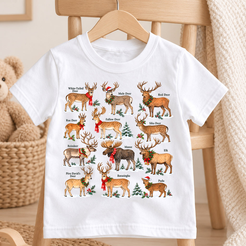 Christmas Deer Species Kids Shirt, Reindeer Wildlife Tee, Deer Identification Holiday T Shirt, Nature Lover Christmas Gift — product view 4