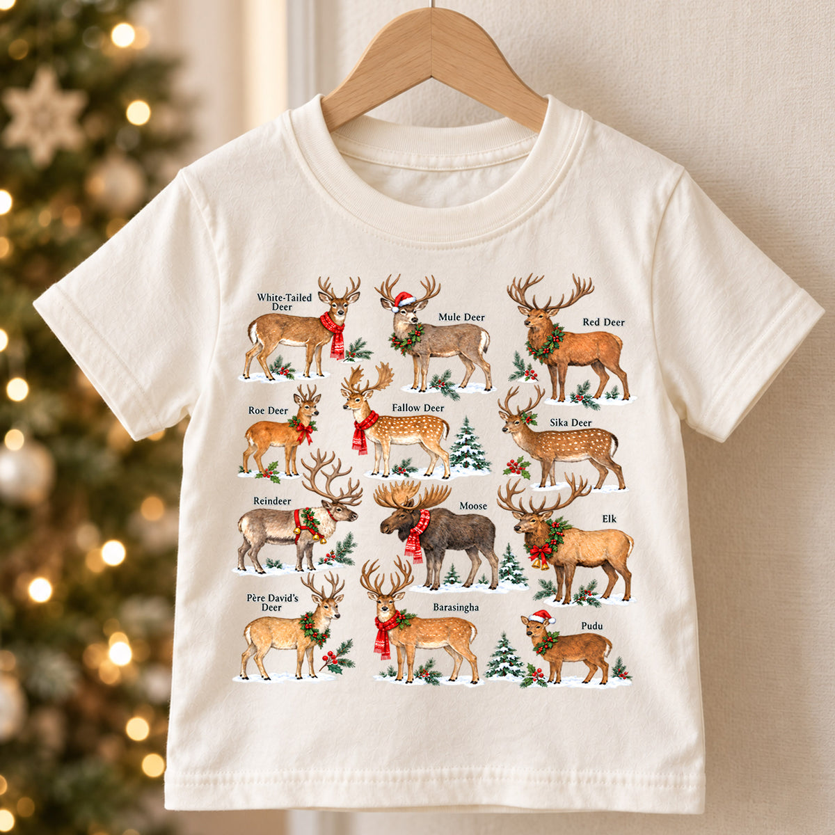 Christmas Deer Species Kids Shirt, Reindeer Wildlife Tee, Deer Identification Holiday T Shirt, Nature Lover Christmas Gift — product view 5