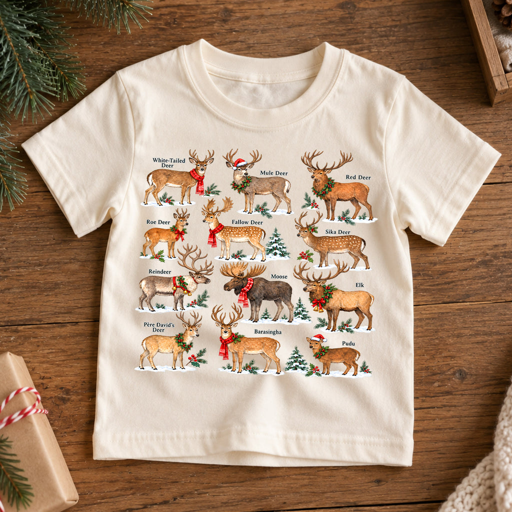 Christmas Deer Species Kids Shirt, Reindeer Wildlife Tee, Deer Identification Holiday T Shirt, Nature Lover Christmas Gift — product view 7
