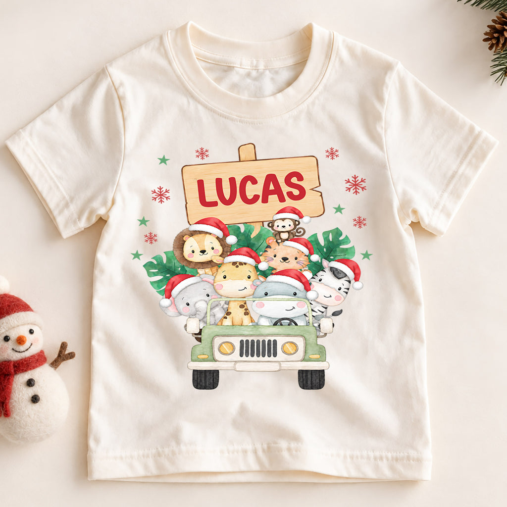 Custom Safari Christmas Kids T-Shirt, Personalized Name Animal Jeep Holiday Shirt, 1st Christmas Gift, My First Birthday Keepsake Outfit — product view 2