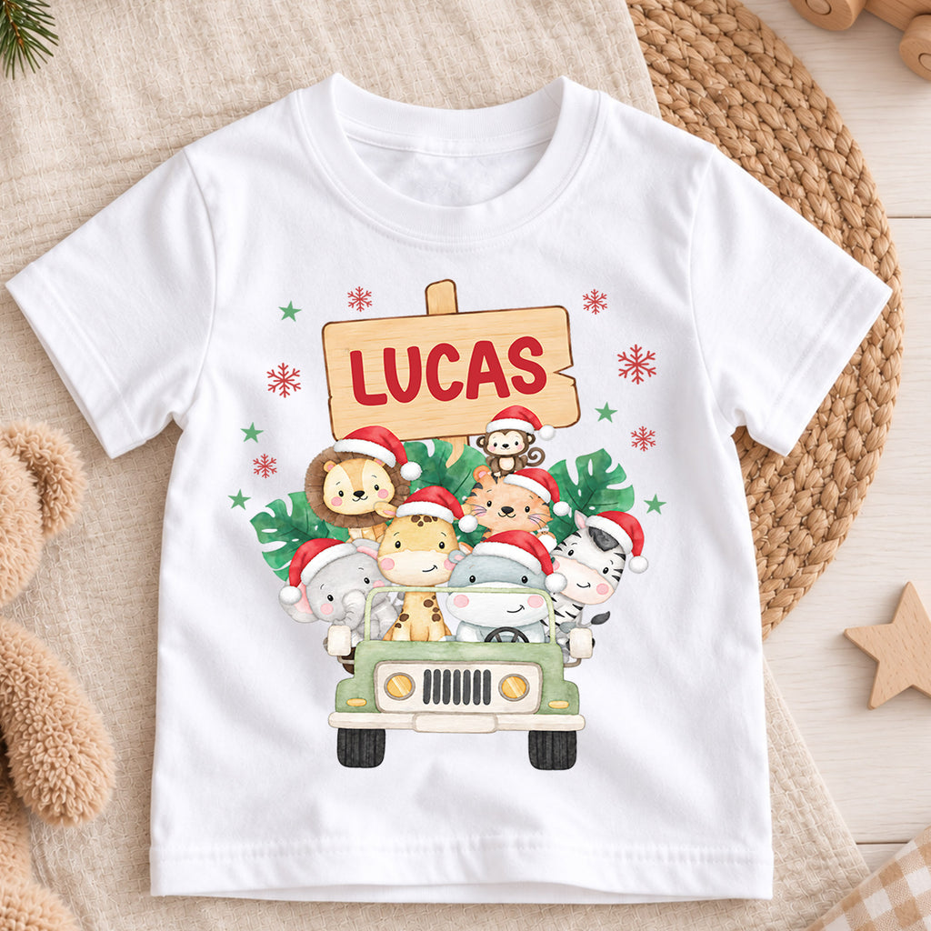Custom Safari Christmas Kids T-Shirt, Personalized Name Animal Jeep Holiday Shirt, 1st Christmas Gift, My First Birthday Keepsake Outfit — product view 3