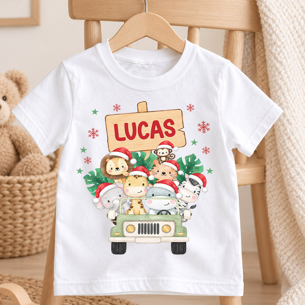 Custom Safari Christmas Kids T-Shirt, Personalized Name Animal Jeep Holiday Shirt, 1st Christmas Gift, My First Birthday Keepsake Outfit — product view 4