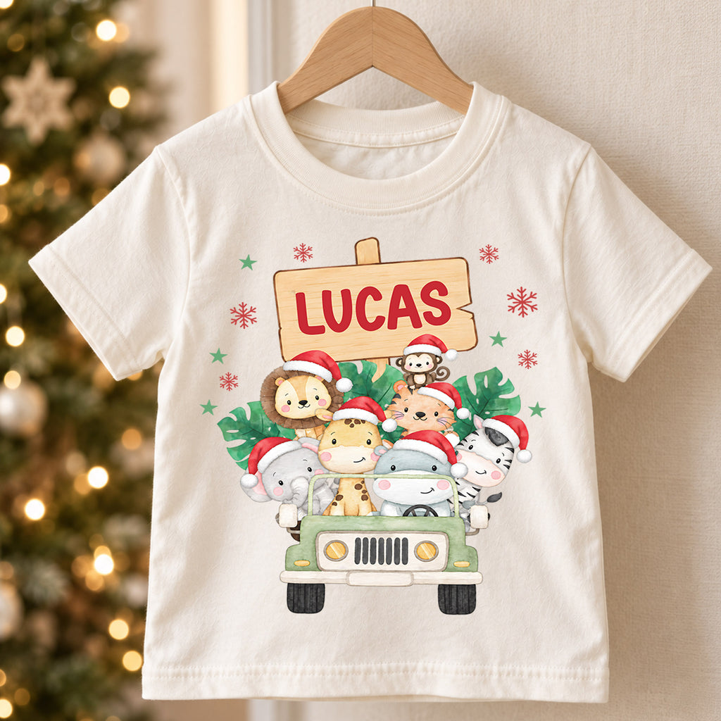 Custom Safari Christmas Kids T-Shirt, Personalized Name Animal Jeep Holiday Shirt, 1st Christmas Gift, My First Birthday Keepsake Outfit — product view 5
