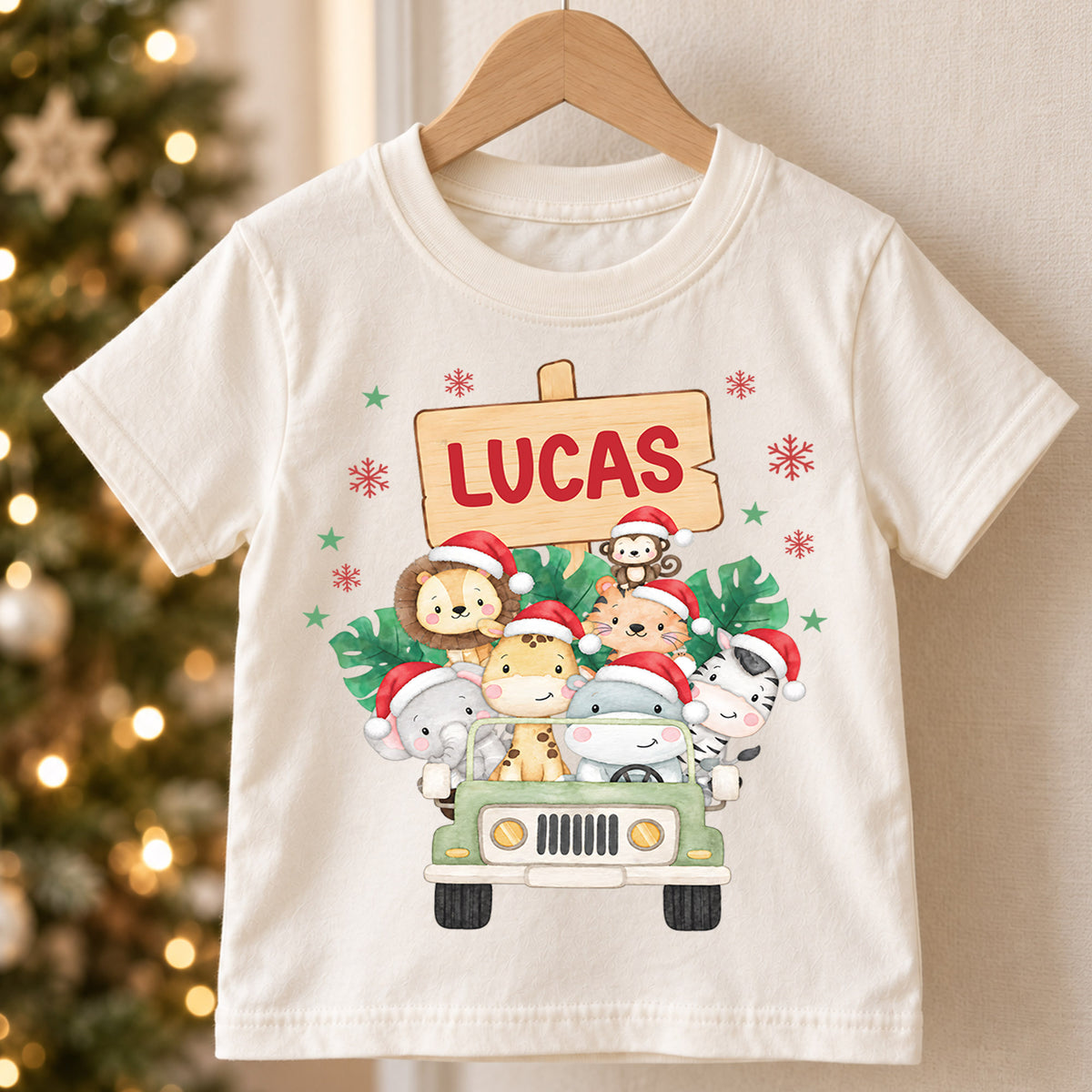 Custom Safari Christmas Kids T-Shirt, Personalized Name Animal Jeep Holiday Shirt, 1st Christmas Gift, My First Birthday Keepsake Outfit — product view 5