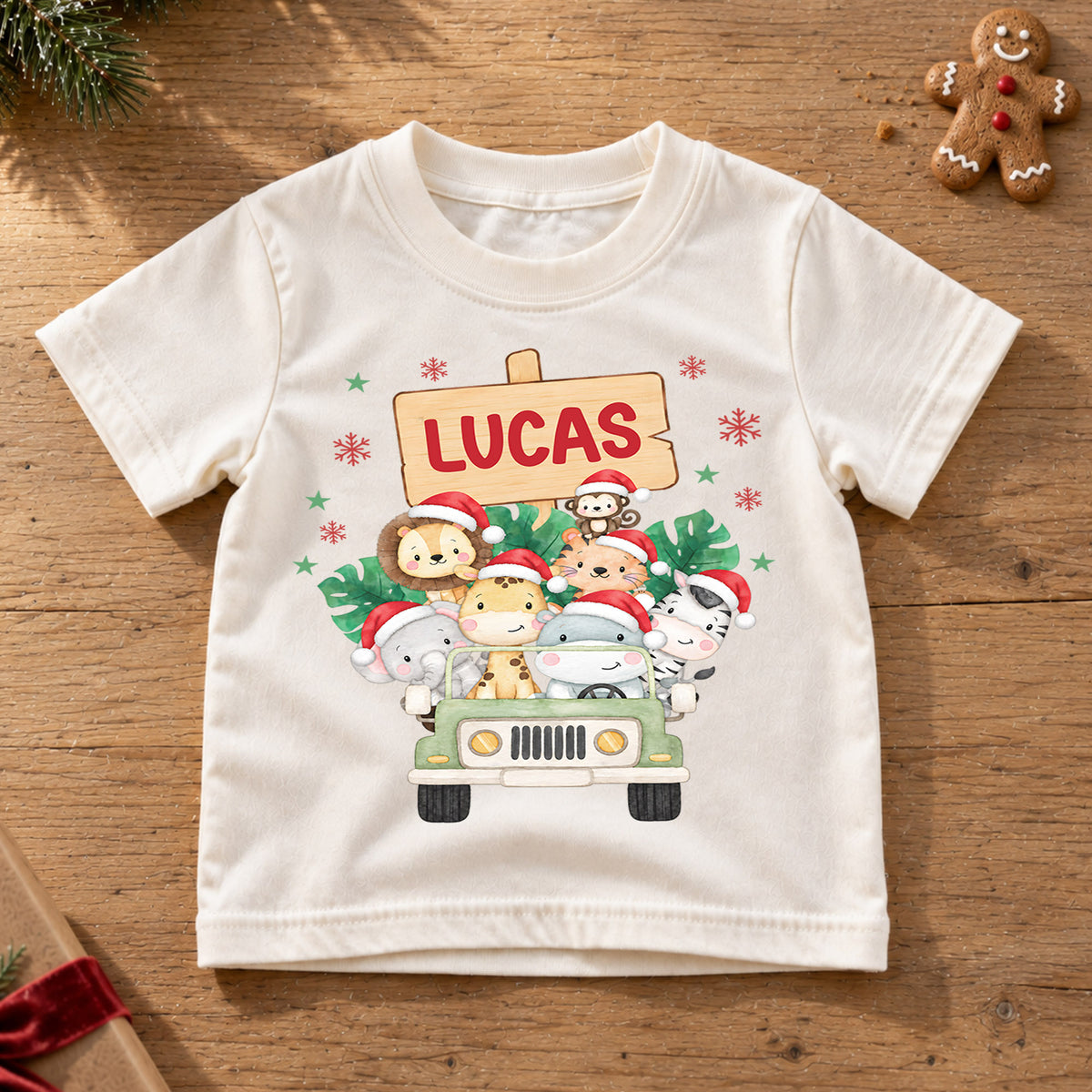Custom Safari Christmas Kids T-Shirt, Personalized Name Animal Jeep Holiday Shirt, 1st Christmas Gift, My First Birthday Keepsake Outfit — product view 6