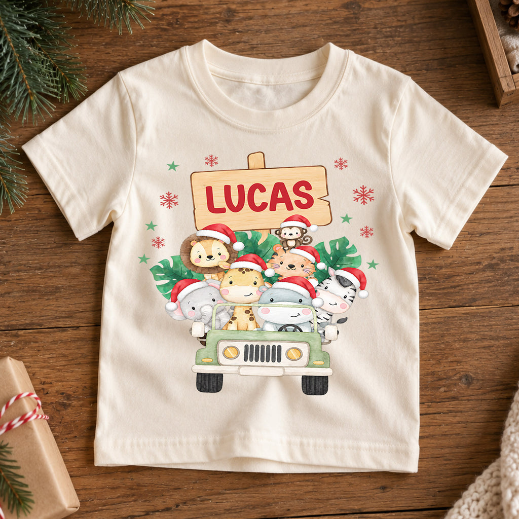 Custom Safari Christmas Kids T-Shirt, Personalized Name Animal Jeep Holiday Shirt, 1st Christmas Gift, My First Birthday Keepsake Outfit — product view 7