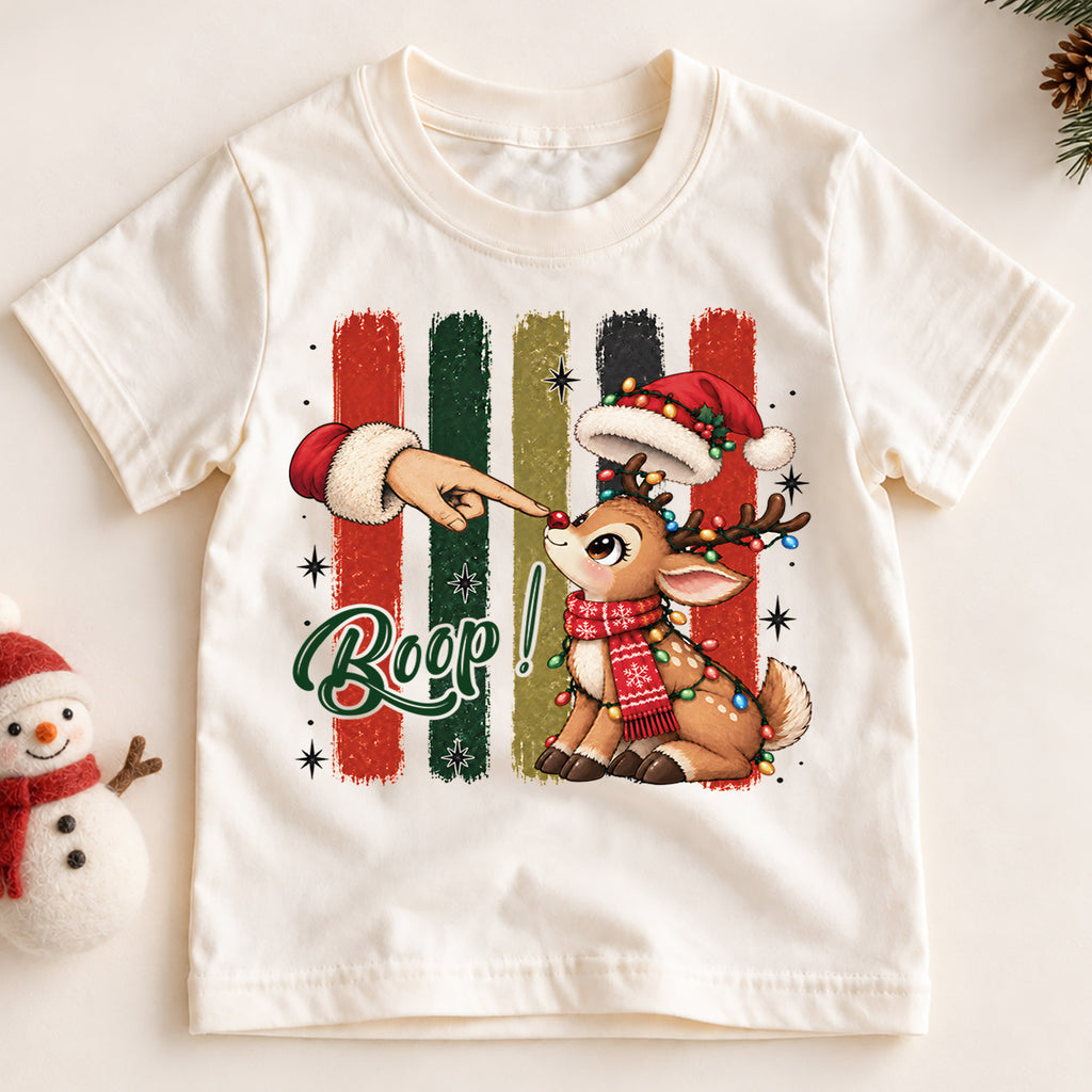 Boop Reindeer Kids Christmas Shirt, Cute Rudolph Nose Tee, Funny Christmas Deer T Shirt, Holiday Gift for Kids — product view 2
