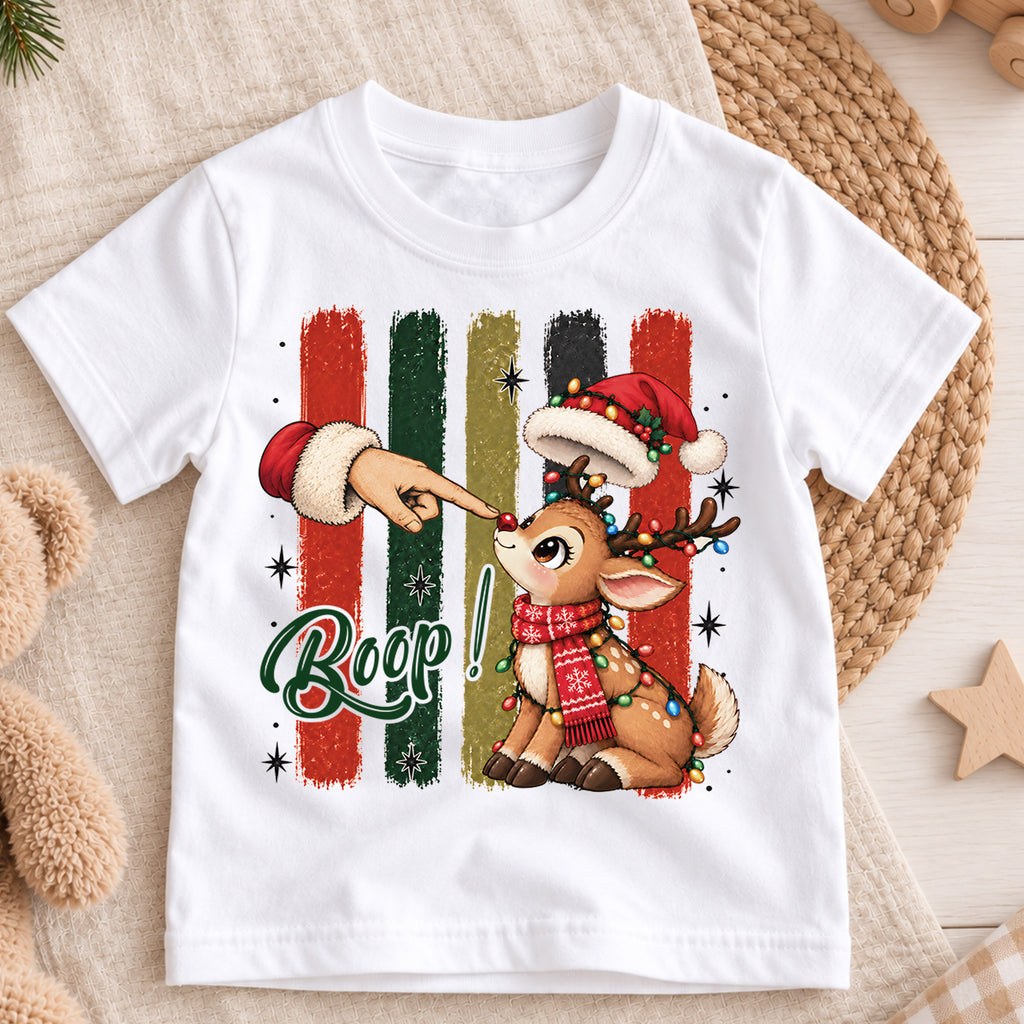 Boop Reindeer Kids Christmas Shirt, Cute Rudolph Nose Tee, Funny Christmas Deer T Shirt, Holiday Gift for Kids — product view 3