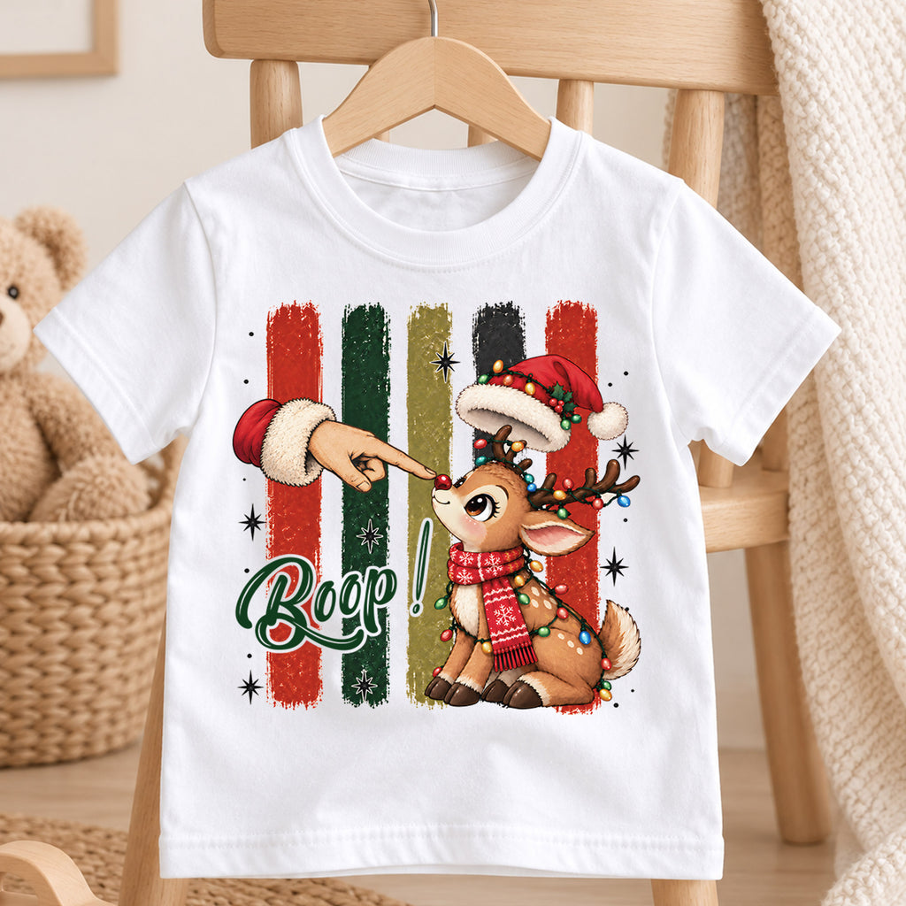 Boop Reindeer Kids Christmas Shirt, Cute Rudolph Nose Tee, Funny Christmas Deer T Shirt, Holiday Gift for Kids — product view 4