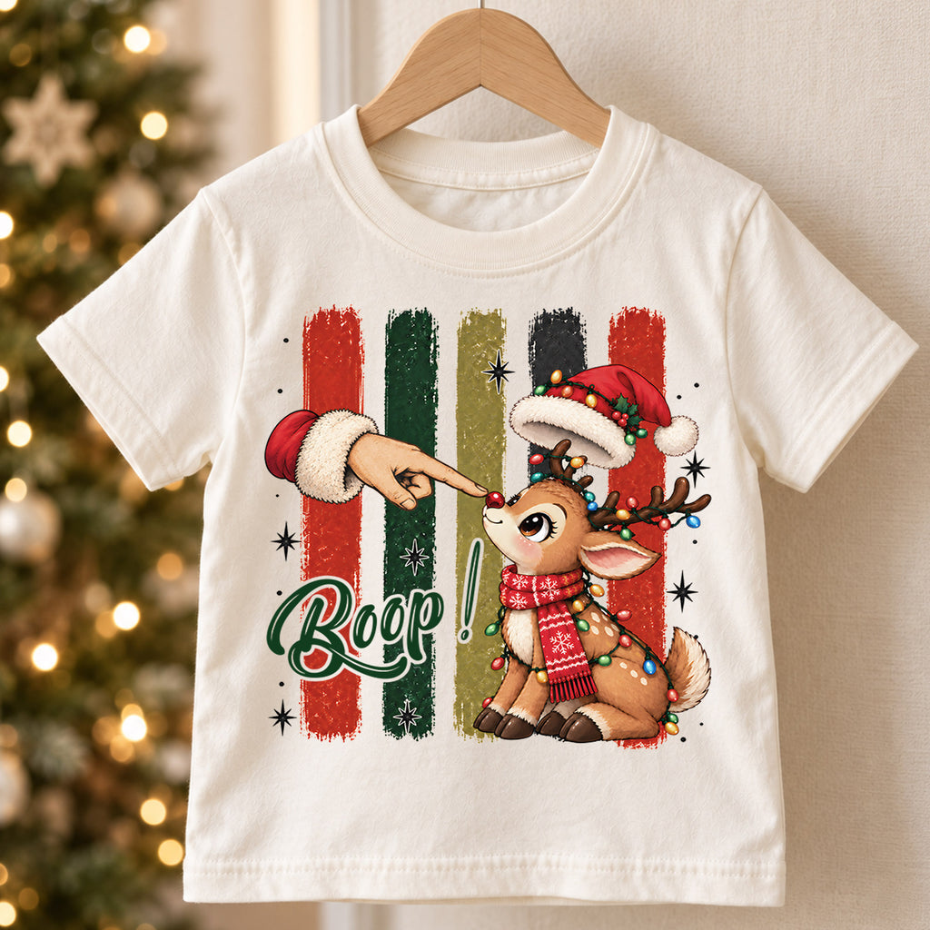 Boop Reindeer Kids Christmas Shirt, Cute Rudolph Nose Tee, Funny Christmas Deer T Shirt, Holiday Gift for Kids — product view 5