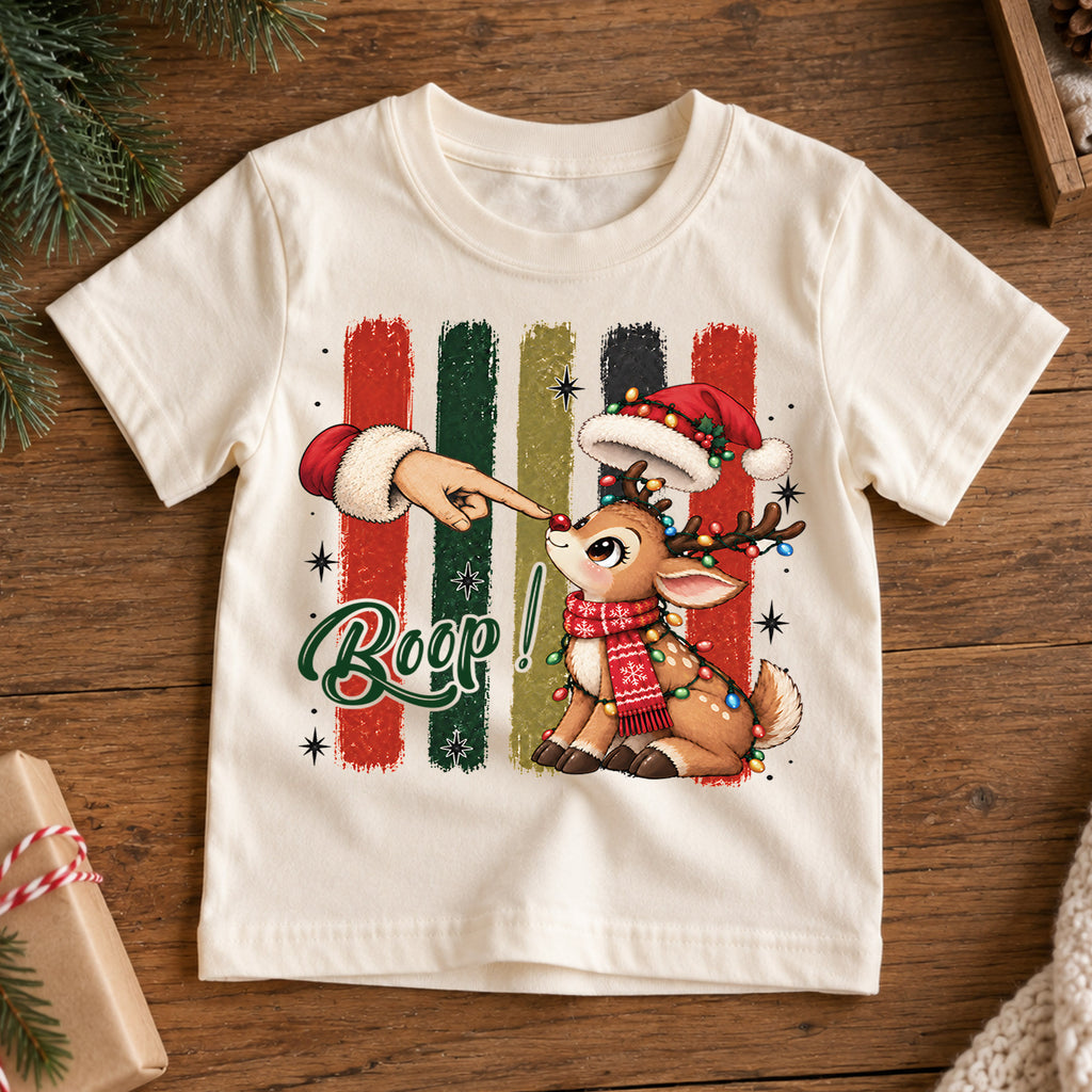 Boop Reindeer Kids Christmas Shirt, Cute Rudolph Nose Tee, Funny Christmas Deer T Shirt, Holiday Gift for Kids — product view 7
