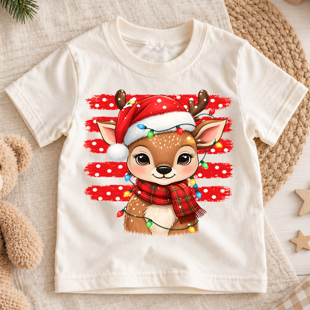 Cute Reindeer Christmas Kids Shirt, Santa Hat Deer Tee, Christmas Lights Reindeer T Shirt, Holiday Gift for Girls and Boys — product view 1