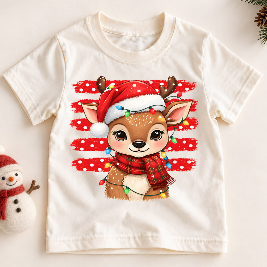 Cute Reindeer Christmas Kids Shirt, Santa Hat Deer Tee, Christmas Lights Reindeer T Shirt, Holiday Gift for Girls and Boys — product view 2