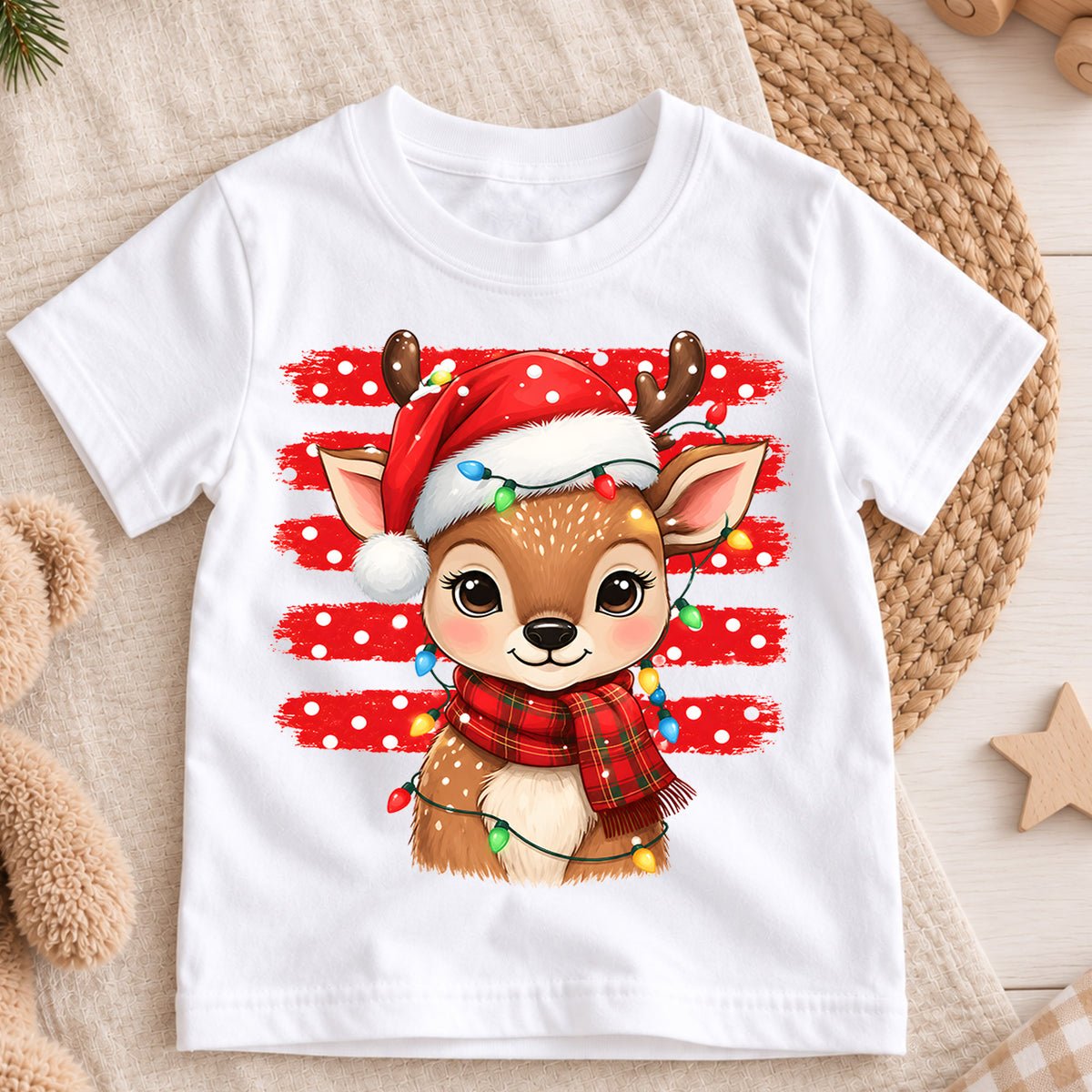 Cute Reindeer Christmas Kids Shirt, Santa Hat Deer Tee, Christmas Lights Reindeer T Shirt, Holiday Gift for Girls and Boys — product view 3