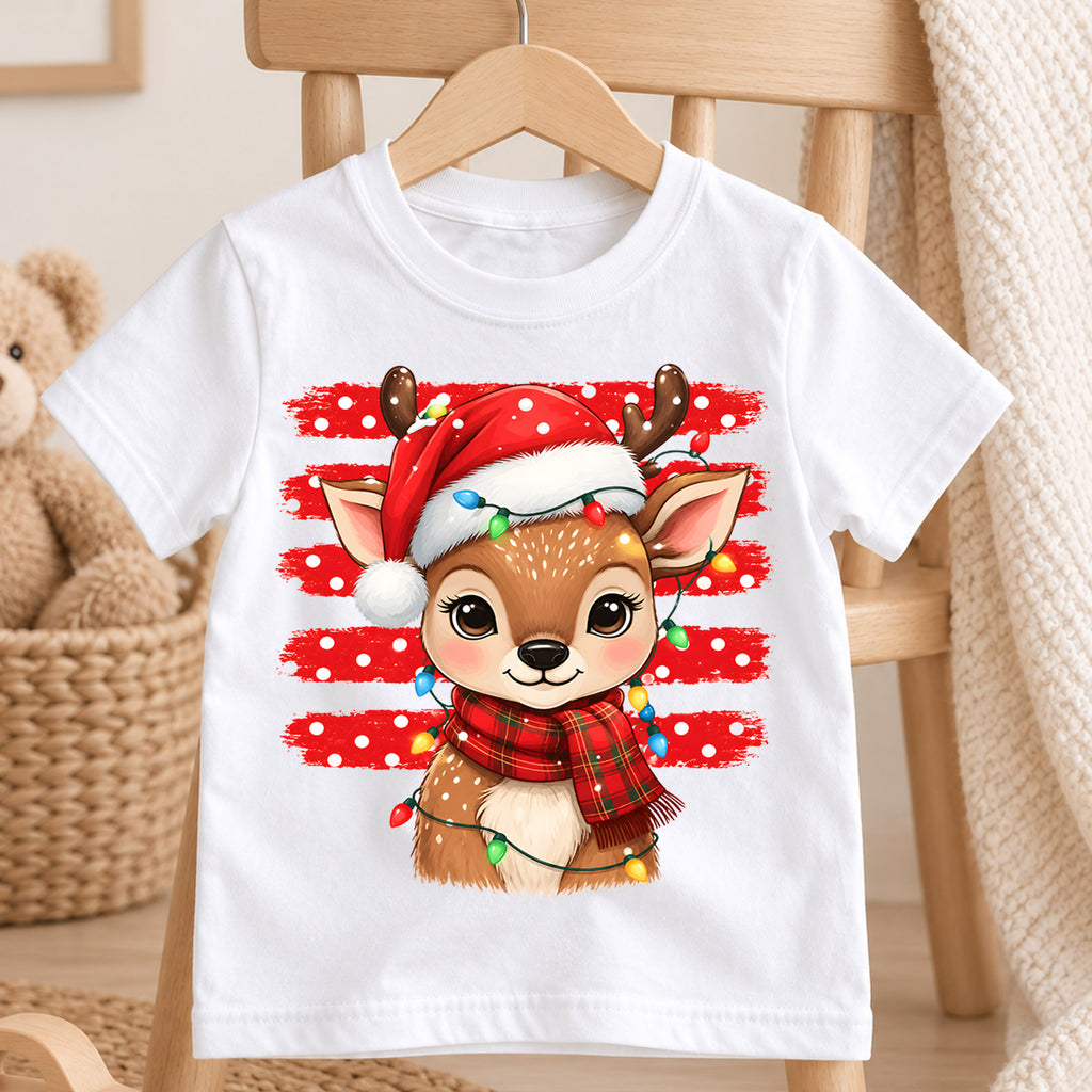 Cute Reindeer Christmas Kids Shirt, Santa Hat Deer Tee, Christmas Lights Reindeer T Shirt, Holiday Gift for Girls and Boys — product view 4