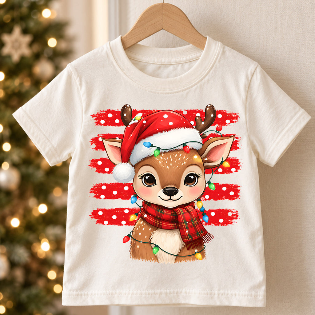 Cute Reindeer Christmas Kids Shirt, Santa Hat Deer Tee, Christmas Lights Reindeer T Shirt, Holiday Gift for Girls and Boys — product view 5