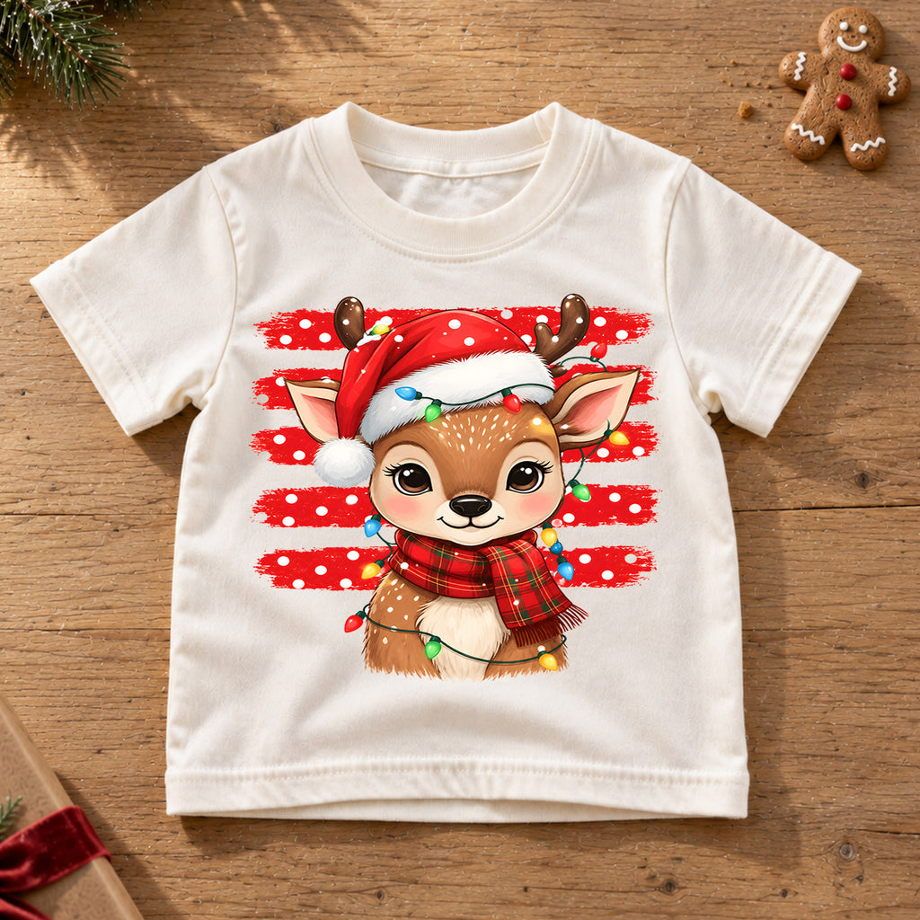 Cute Reindeer Christmas Kids Shirt, Santa Hat Deer Tee, Christmas Lights Reindeer T Shirt, Holiday Gift for Girls and Boys — product view 6