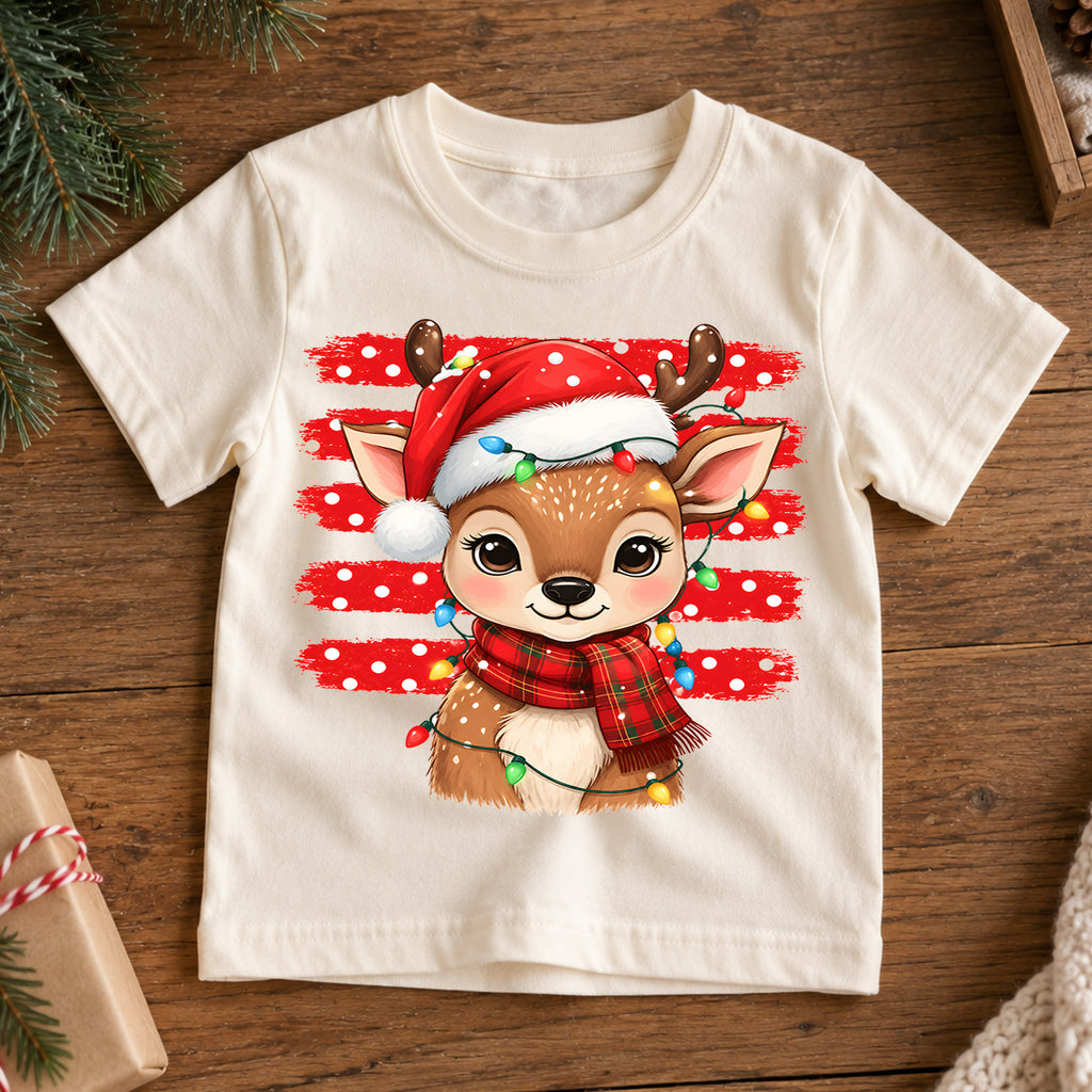 Cute Reindeer Christmas Kids Shirt, Santa Hat Deer Tee, Christmas Lights Reindeer T Shirt, Holiday Gift for Girls and Boys — product view 7