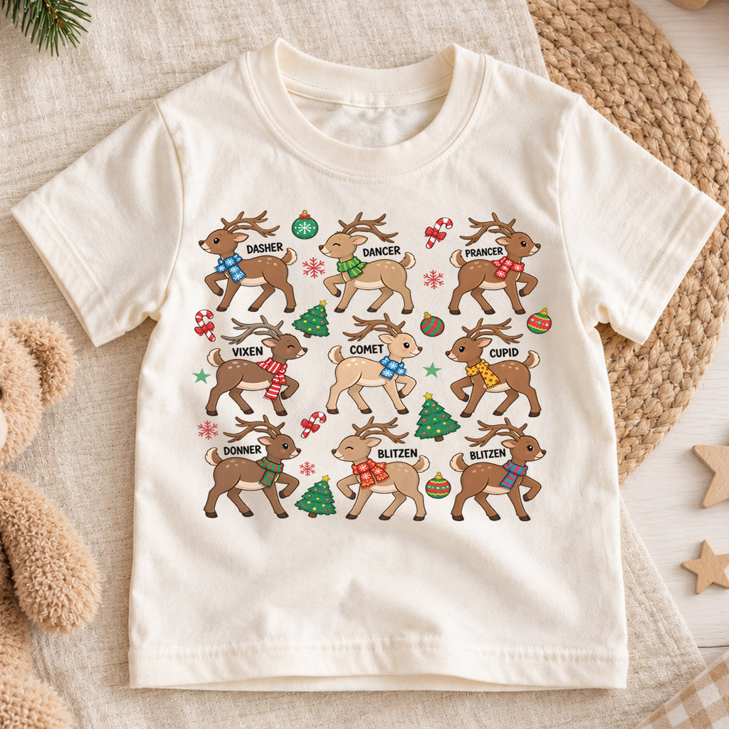 Christmas Reindeer Kids Shirt, Cute Deer Santa Hat Tee, Plaid Scarf Holiday T Shirt, Xmas Gift for Kids — product view 1