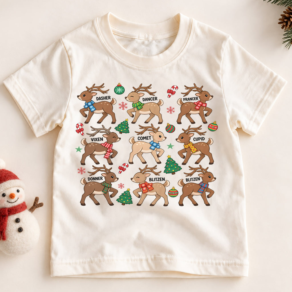 Christmas Reindeer Kids Shirt, Cute Deer Santa Hat Tee, Plaid Scarf Holiday T Shirt, Xmas Gift for Kids — product view 2