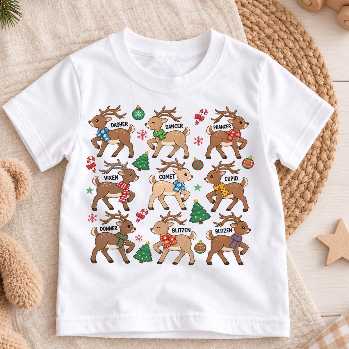 Christmas Reindeer Kids Shirt, Cute Deer Santa Hat Tee, Plaid Scarf Holiday T Shirt, Xmas Gift for Kids — product view 3
