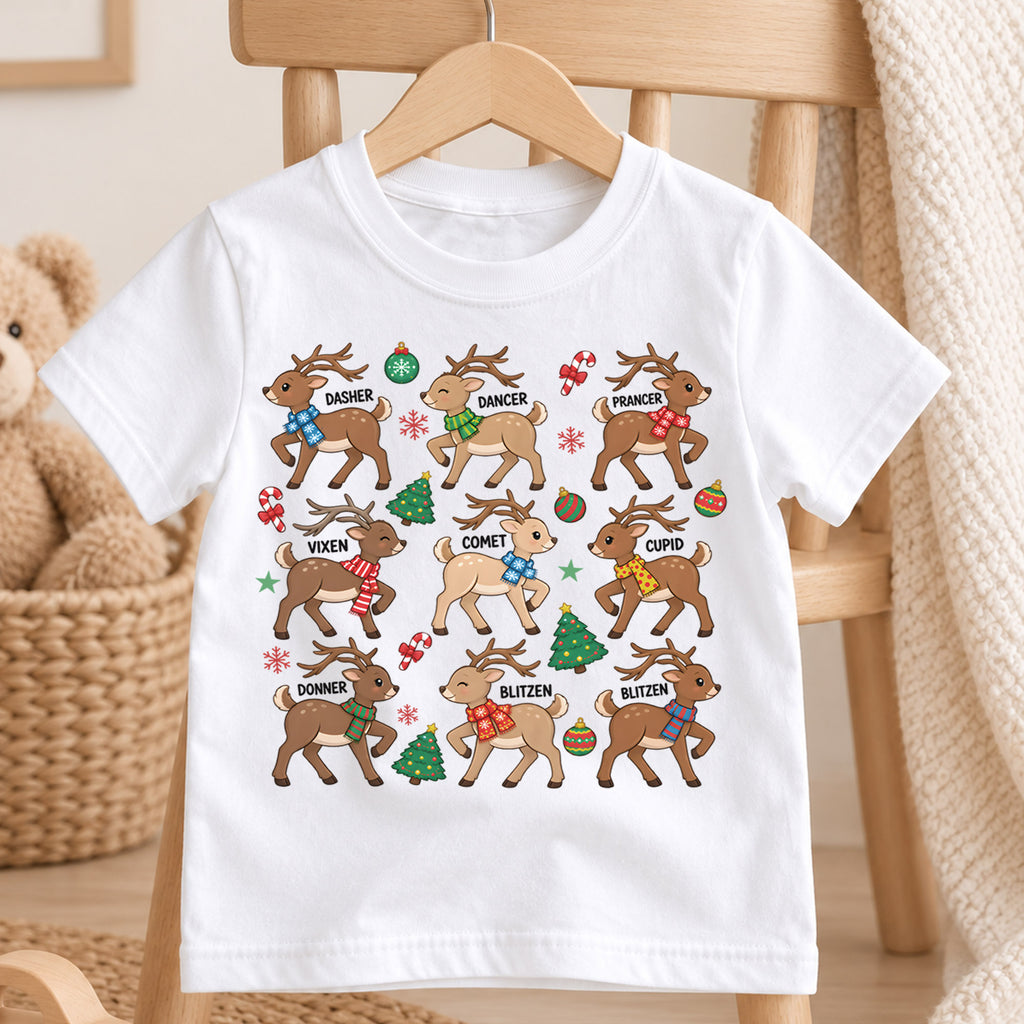 Christmas Reindeer Kids Shirt, Cute Deer Santa Hat Tee, Plaid Scarf Holiday T Shirt, Xmas Gift for Kids — product view 4