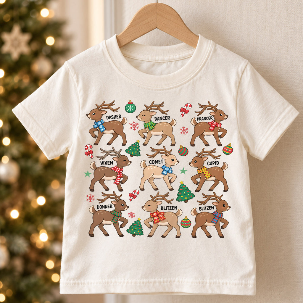 Christmas Reindeer Kids Shirt, Cute Deer Santa Hat Tee, Plaid Scarf Holiday T Shirt, Xmas Gift for Kids — product view 5