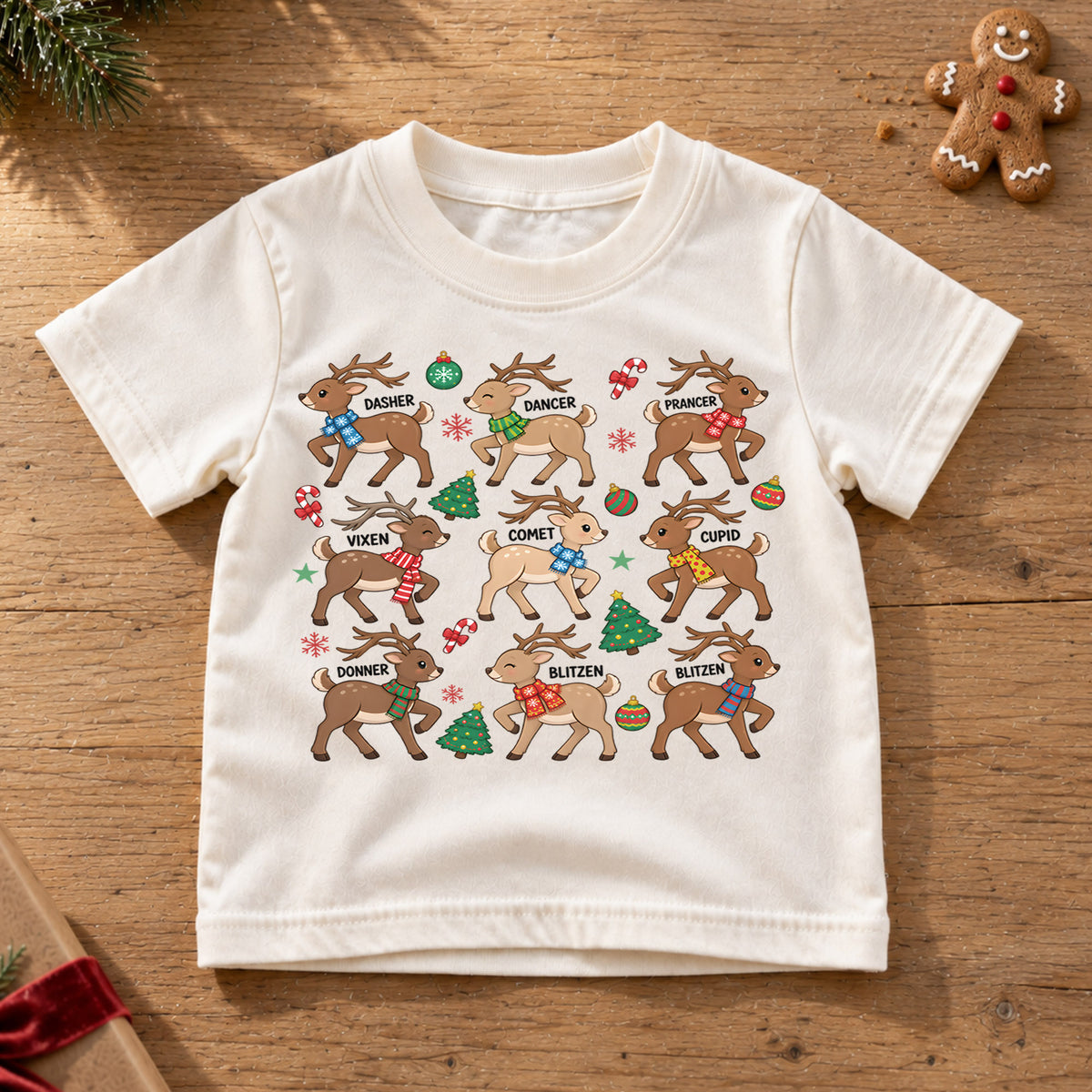 Christmas Reindeer Kids Shirt, Cute Deer Santa Hat Tee, Plaid Scarf Holiday T Shirt, Xmas Gift for Kids — product view 6