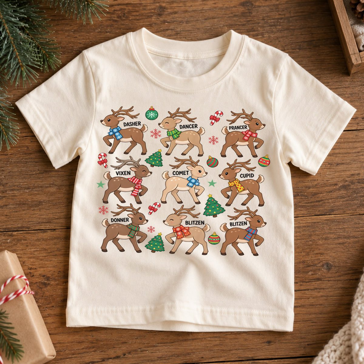 Christmas Reindeer Kids Shirt, Cute Deer Santa Hat Tee, Plaid Scarf Holiday T Shirt, Xmas Gift for Kids — product view 7